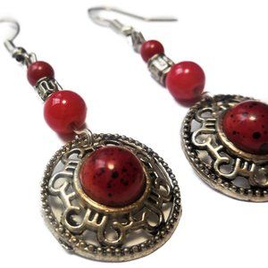 Earrings Dangles Beaded Red Silver Tone Metal Costume Jewelry